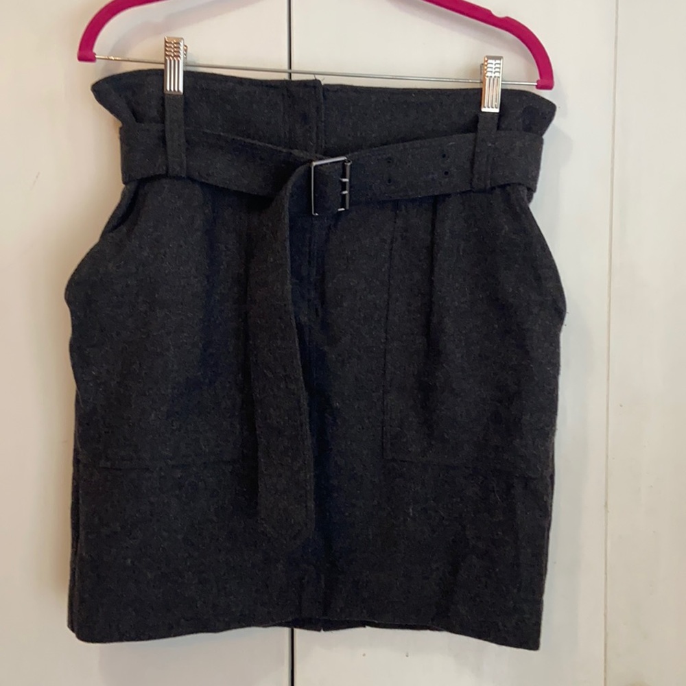 BURBERRY Brit Grey Wool Mini Skirt High Waisted Belter Paper Bag Wooled Pocket L